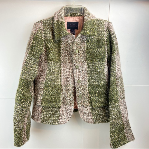 Pink Tartan Jackets & Blazers - Pink Tartan Pink Olive Tweed Jacket Blazer Sz:8